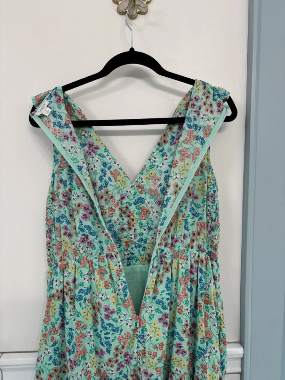 J. Crew V-Neck Smocked Tiered Midi Dress Green Floral Women’s 10 BQ045
